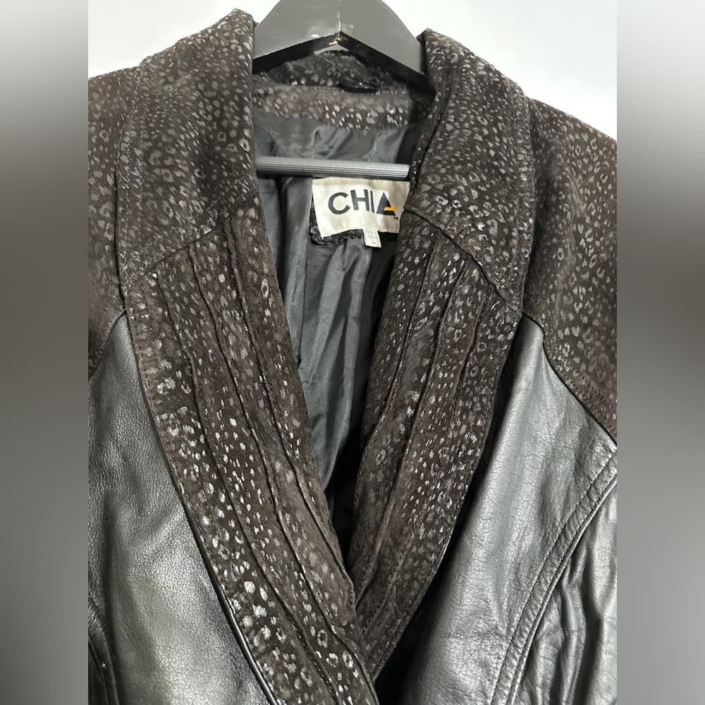 CHIA Black Leather Textured Jacket Blazer Beaded Trim Blazer Style Size Large - Thumbnail 10