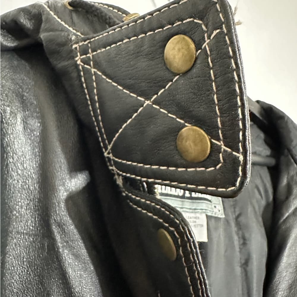 Otello Pelle Black Leather Hooded Vintage Jacket White Stitching Size Large - Thumbnail 4