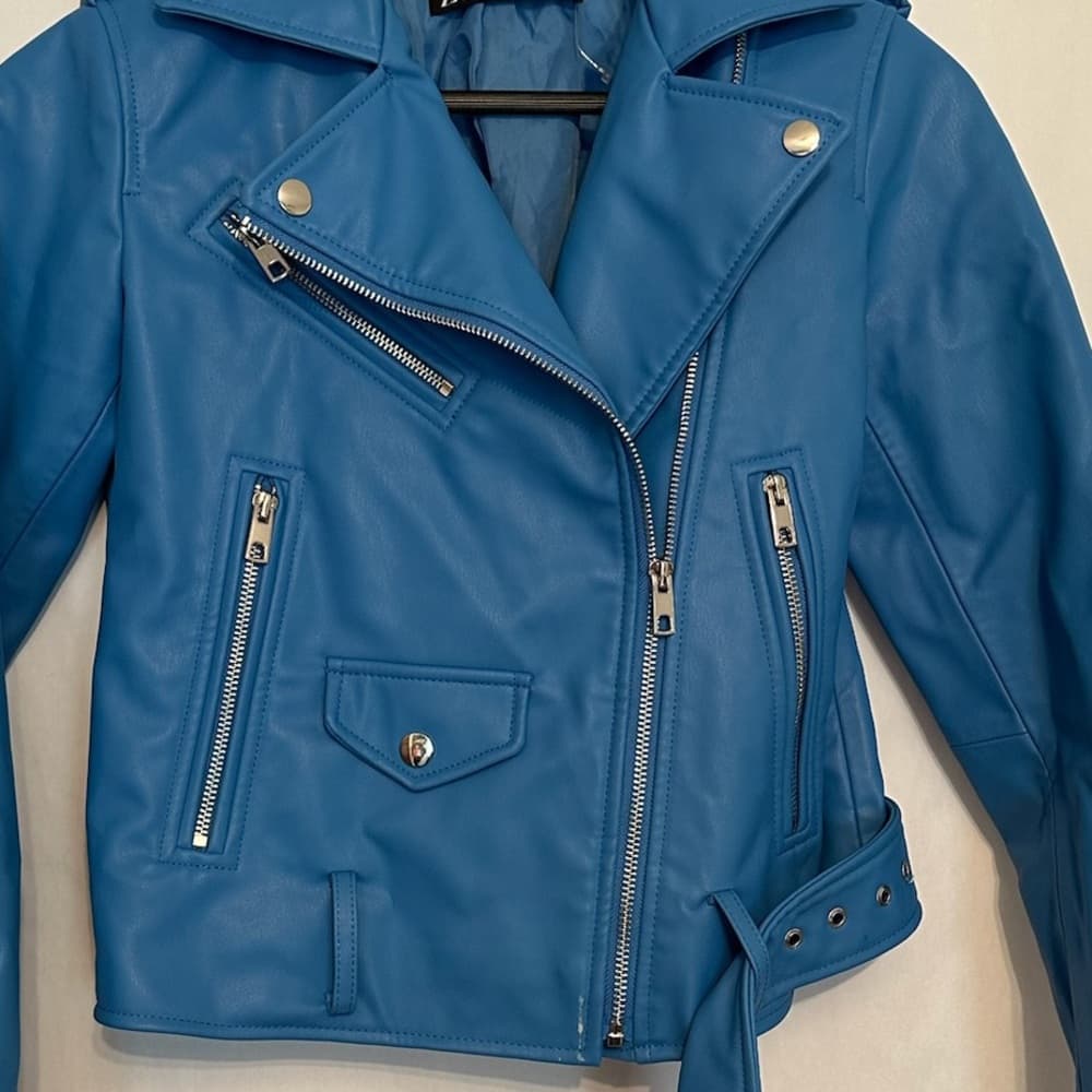ZARA Faux Leather Blue Moto Jacket XS Biker Blogger Favorite TikTok Style - Thumbnail 8