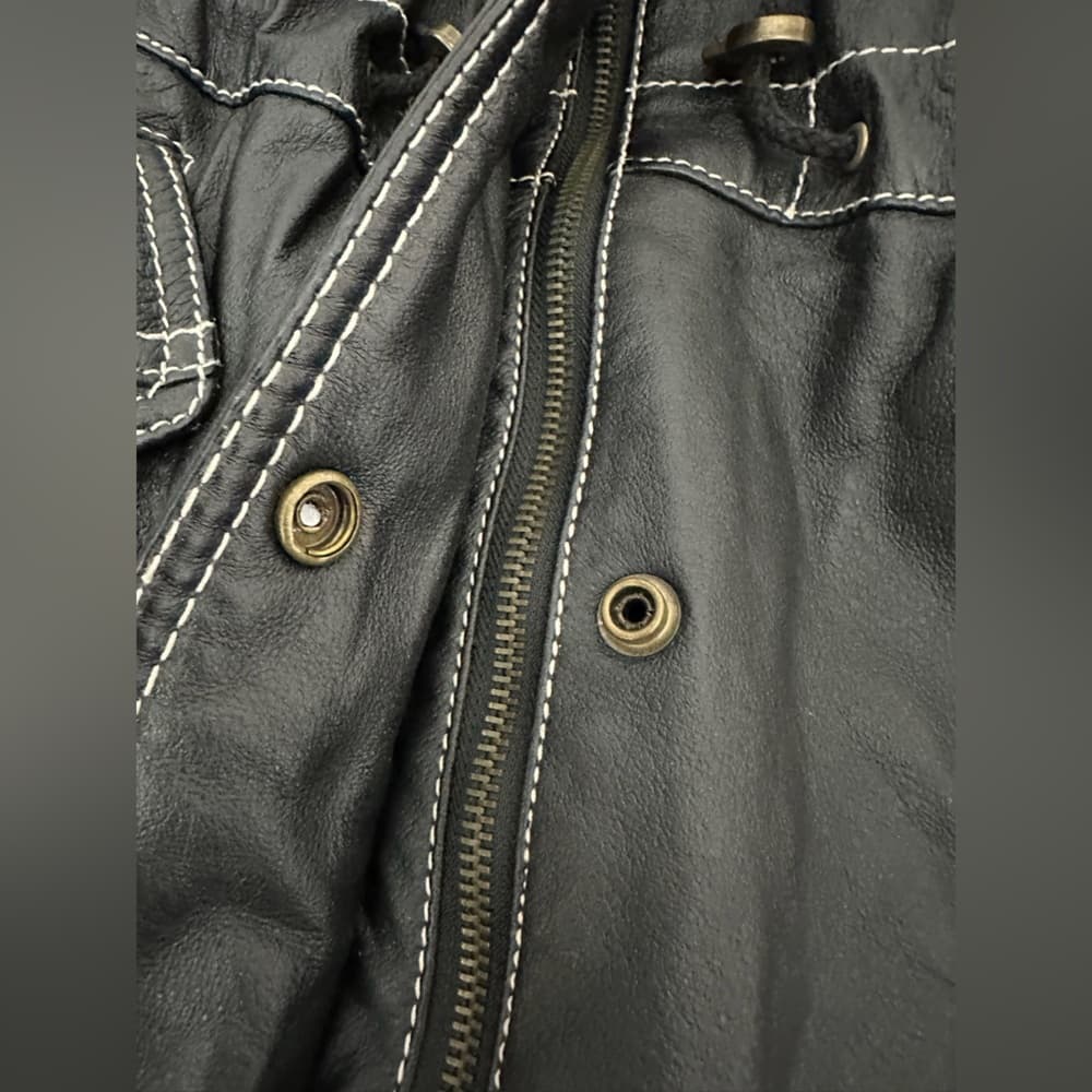 Otello Pelle Black Leather Hooded Vintage Jacket White Stitching Size Large - Thumbnail 10