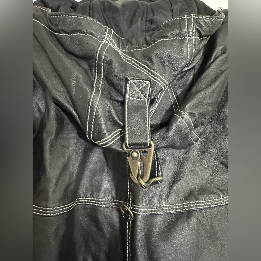 Otello Pelle Black Leather Hooded Vintage Jacket White Stitching Size Large - Thumbnail 7