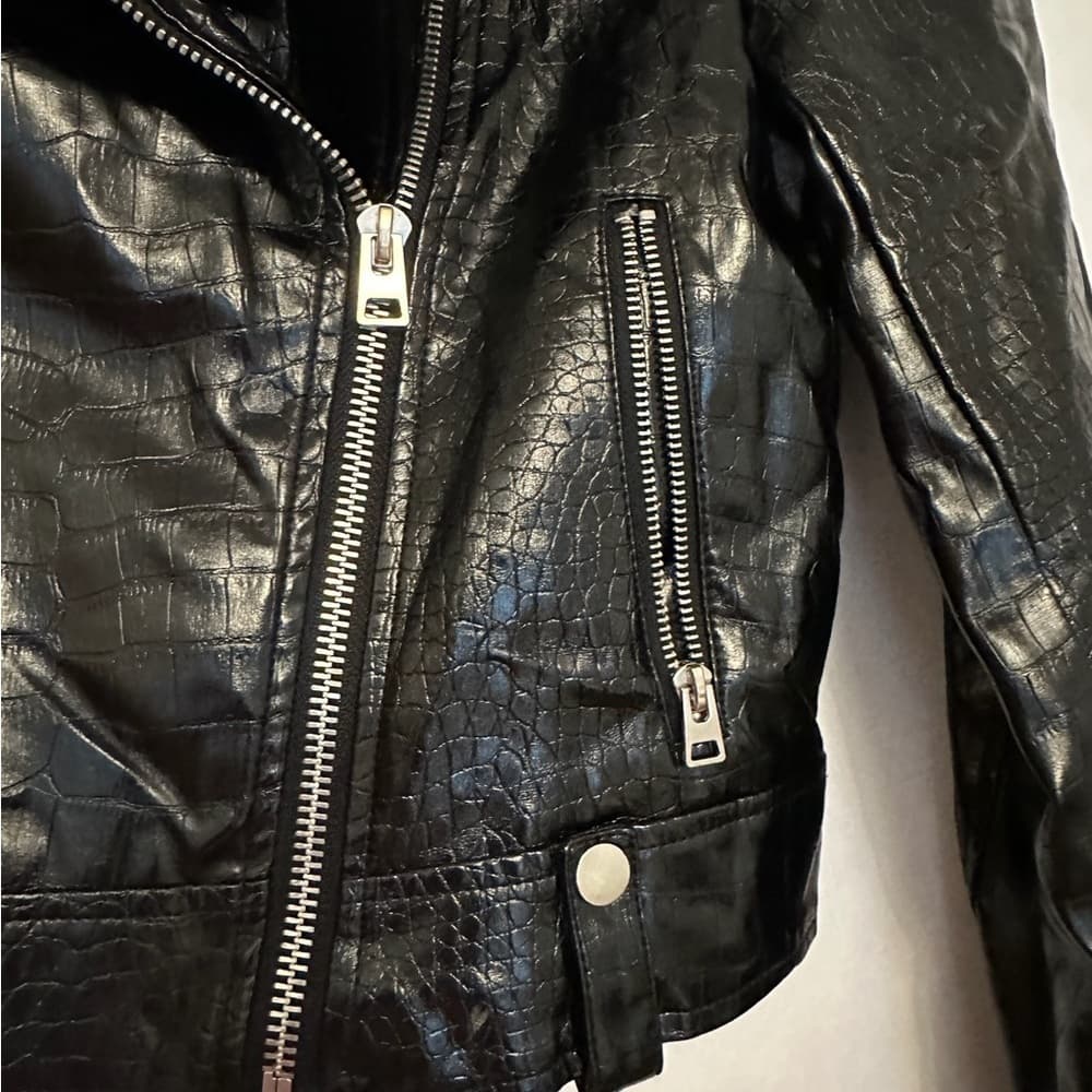 Topshop Black Faux Leather Shine Moto Jacket Croc Embossed Zip Biker US 4 Shiny - Thumbnail 8