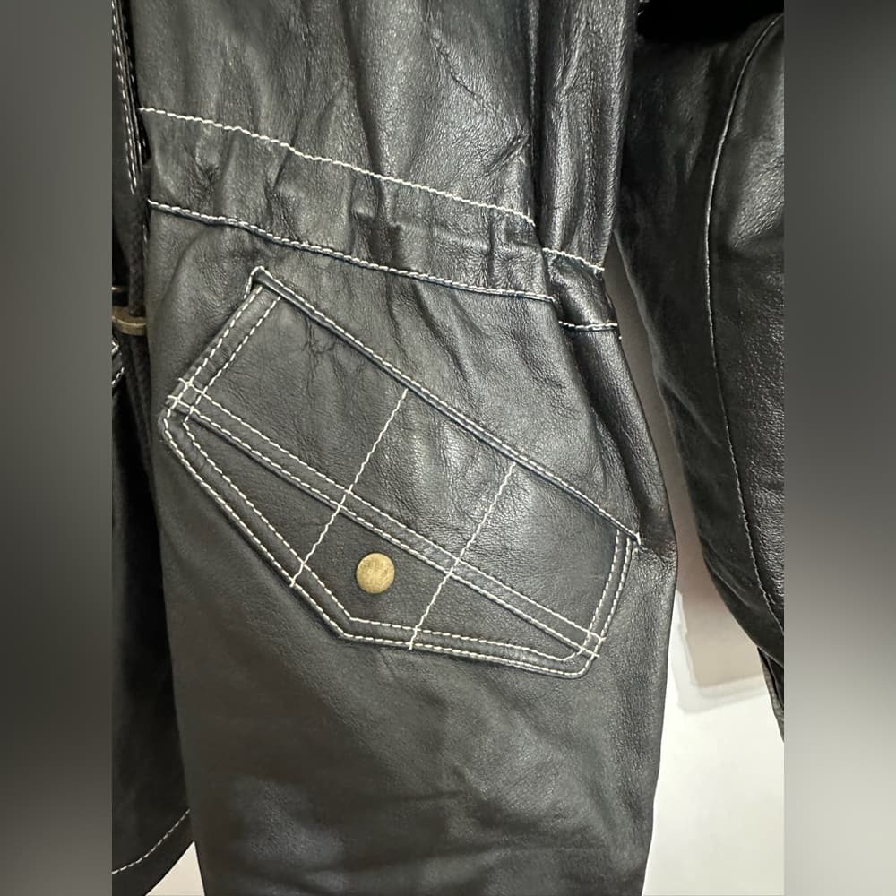 Otello Pelle Black Leather Hooded Vintage Jacket White Stitching Size Large - Thumbnail 6