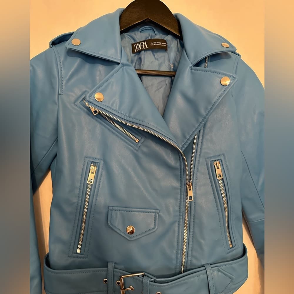 ZARA Faux Leather Blue Moto Jacket XS Biker Blogger Favorite TikTok Style - Thumbnail 6