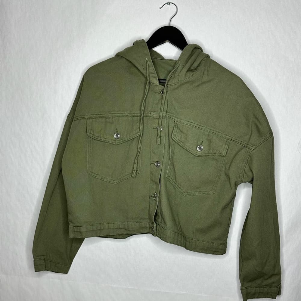 SHEIN Olive Green Cropped Denim Hoodie Jacket Utility Style Size Large Gorpcore - Thumbnail 4