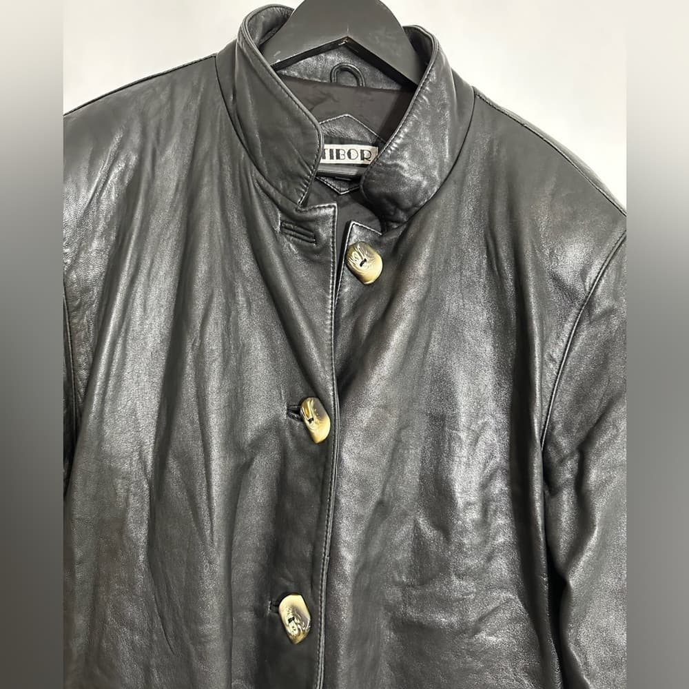 Tibor Black Longline Genuine Leather Coat Button Front Vintage Medium - Thumbnail 2
