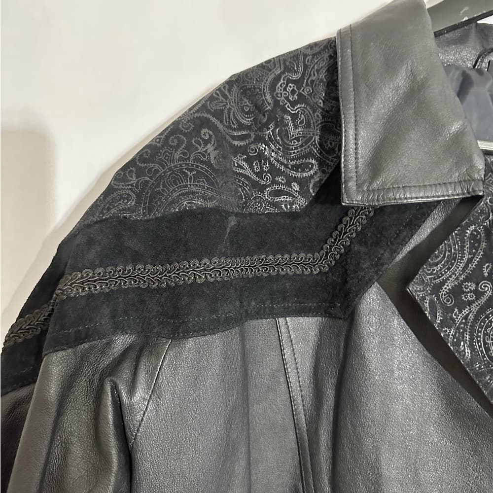 Greg Bell Women Black Leather Long Coat Paisley & Suede Trim Vintage Size Medium - Thumbnail 10