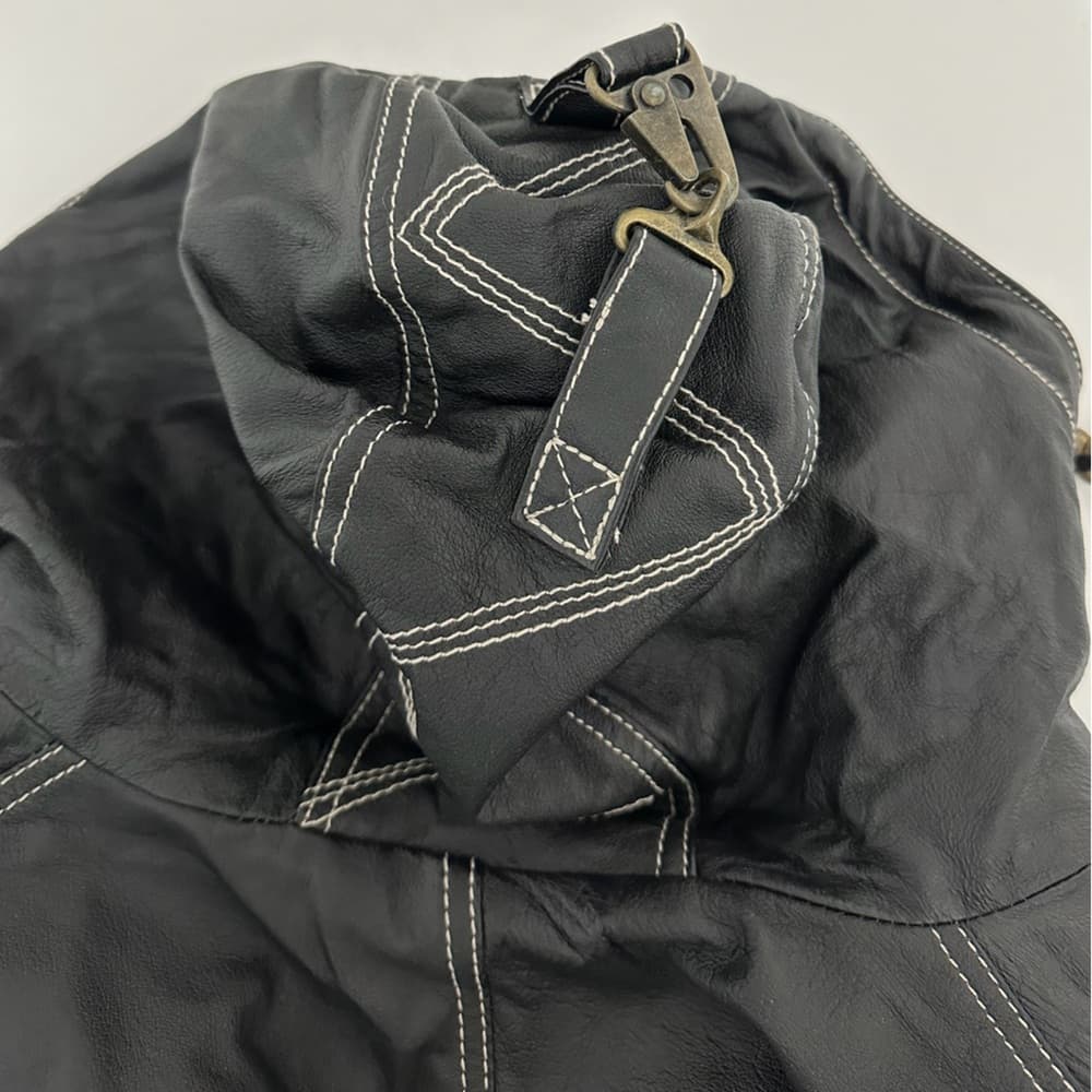 Otello Pelle Black Leather Hooded Vintage Jacket White Stitching Size Large - Thumbnail 11