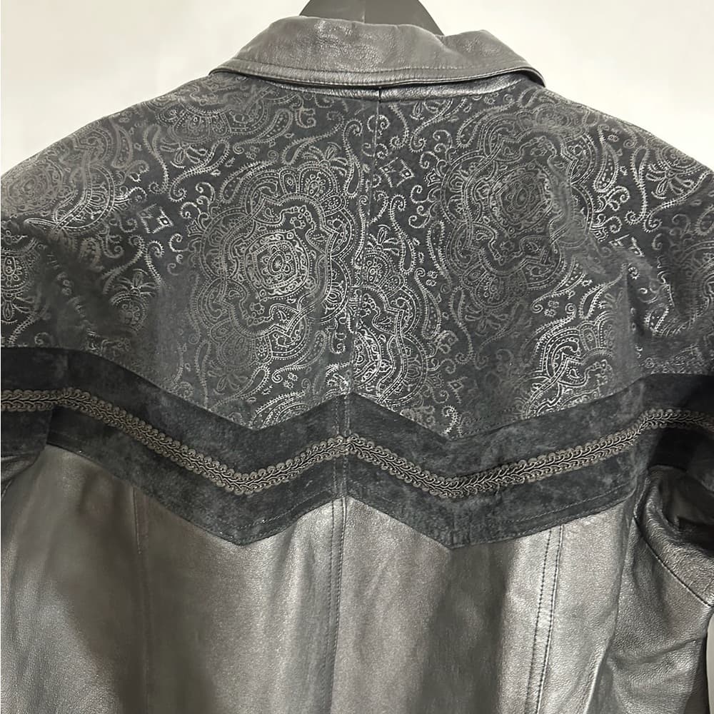 Greg Bell Women Black Leather Long Coat Paisley & Suede Trim Vintage Size Medium - Thumbnail 5