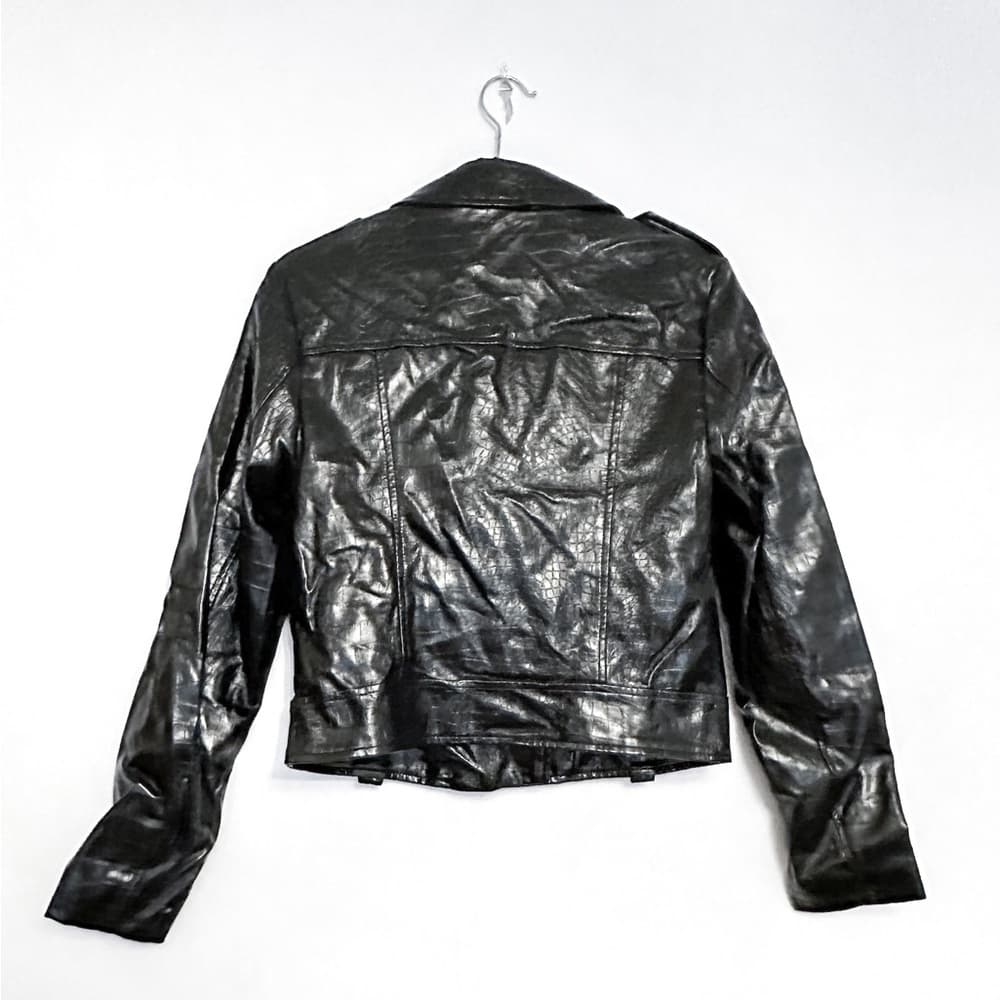Topshop Black Faux Leather Shine Moto Jacket Croc Embossed Zip Biker US 4 Shiny - Thumbnail 2