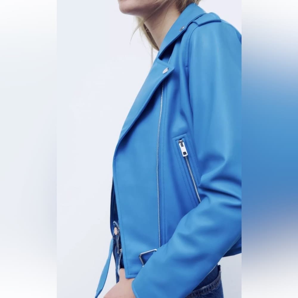 ZARA Faux Leather Blue Moto Jacket XS Biker Blogger Favorite TikTok Style - Thumbnail 13