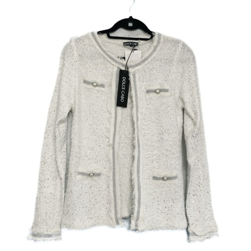 NWT Dolce Cabo White Silver Tweed Cardigan Blazer Fringe Edge Trim Size Medium - Thumbnail 9