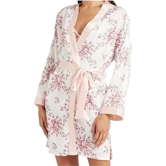 Morgan Lane x FabFitFun Blush Pink Satin Floral Robe Kimono Style Size S/M - Thumbnail 13