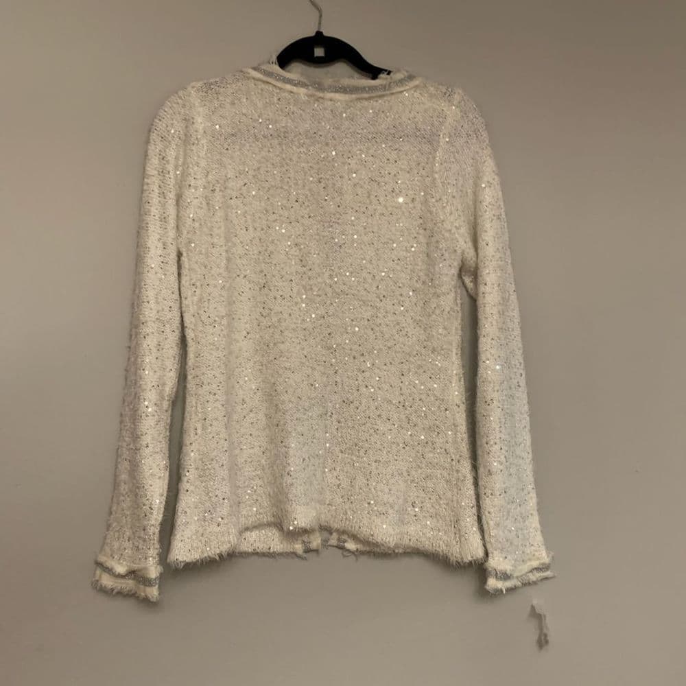 NWT Dolce Cabo White Silver Tweed Cardigan Blazer Fringe Edge Trim Size Medium - Thumbnail 4
