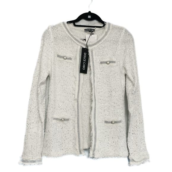 NWT Dolce Cabo White Silver Tweed Cardigan Blazer Fringe Edge Trim Size Medium - Thumbnail 10