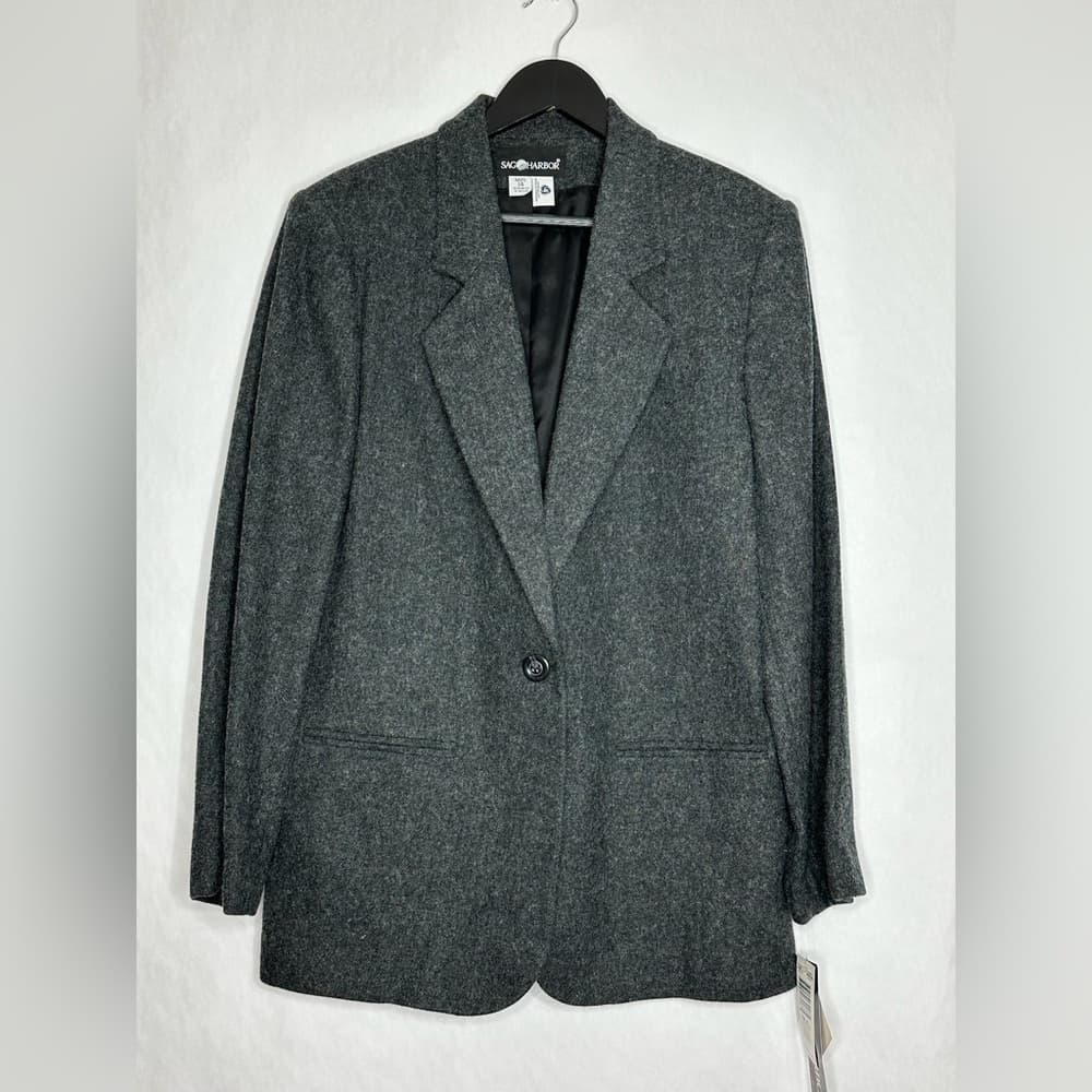 NWT Sag Harbor Charcoal Gray Wool Blend Blazer Jacket Size 14 Preppy Business