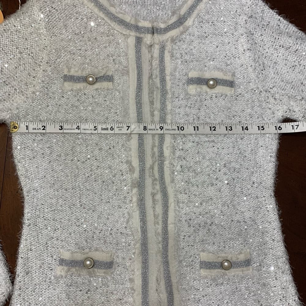 NWT Dolce Cabo White Silver Tweed Cardigan Blazer Fringe Edge Trim Size Medium - Thumbnail 8