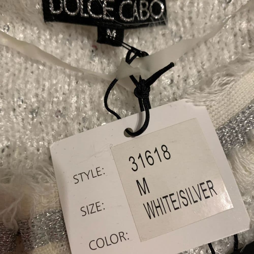 NWT Dolce Cabo White Silver Tweed Cardigan Blazer Fringe Edge Trim Size Medium - Thumbnail 5