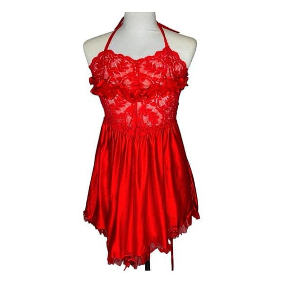 Vintage Red Lace & Satin Babydoll Slip Dress Lingerie | Vamp Glamour Valentines - Thumbnail 16