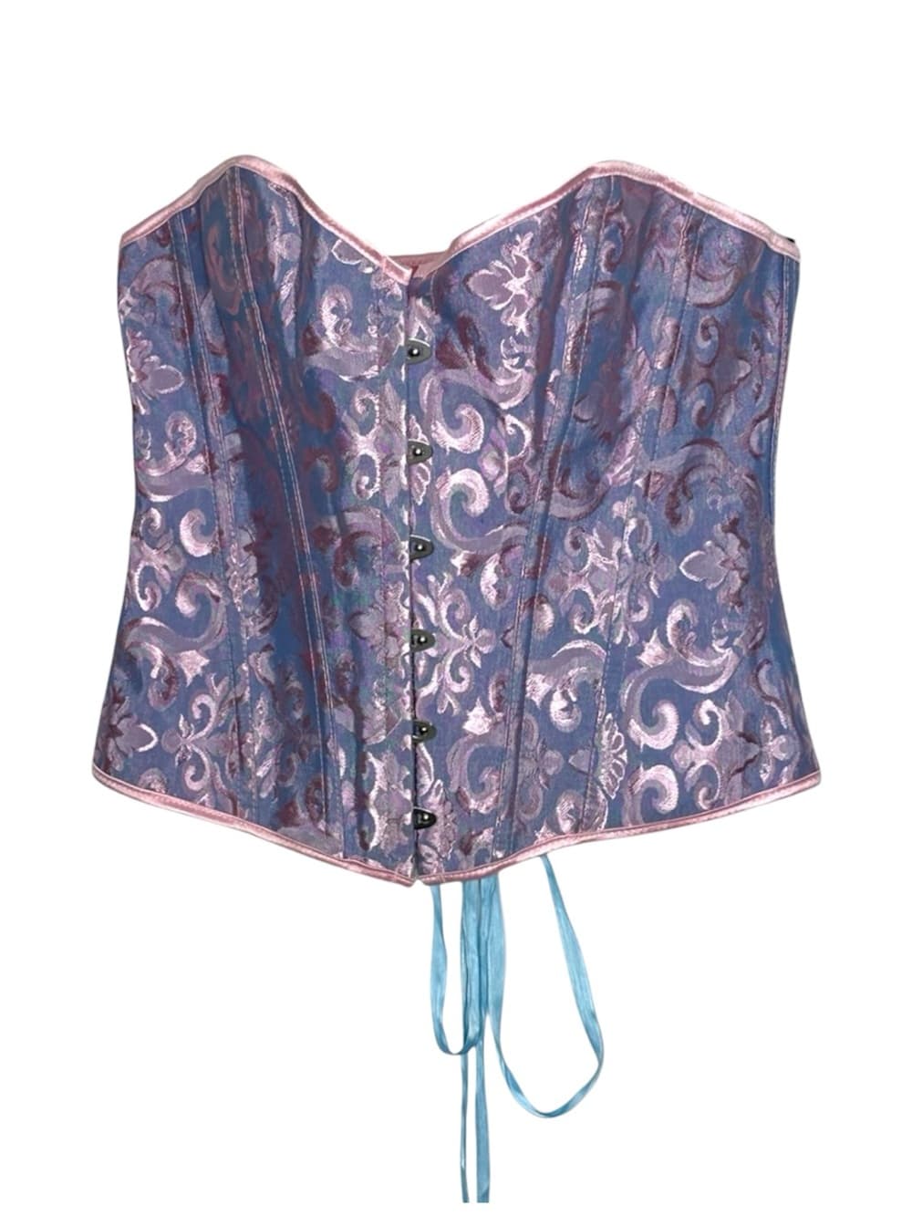 Vintage Coquette Purple Pink Blue Brocade Corset Lace Up Bustier Top Fairycore L - Thumbnail 10