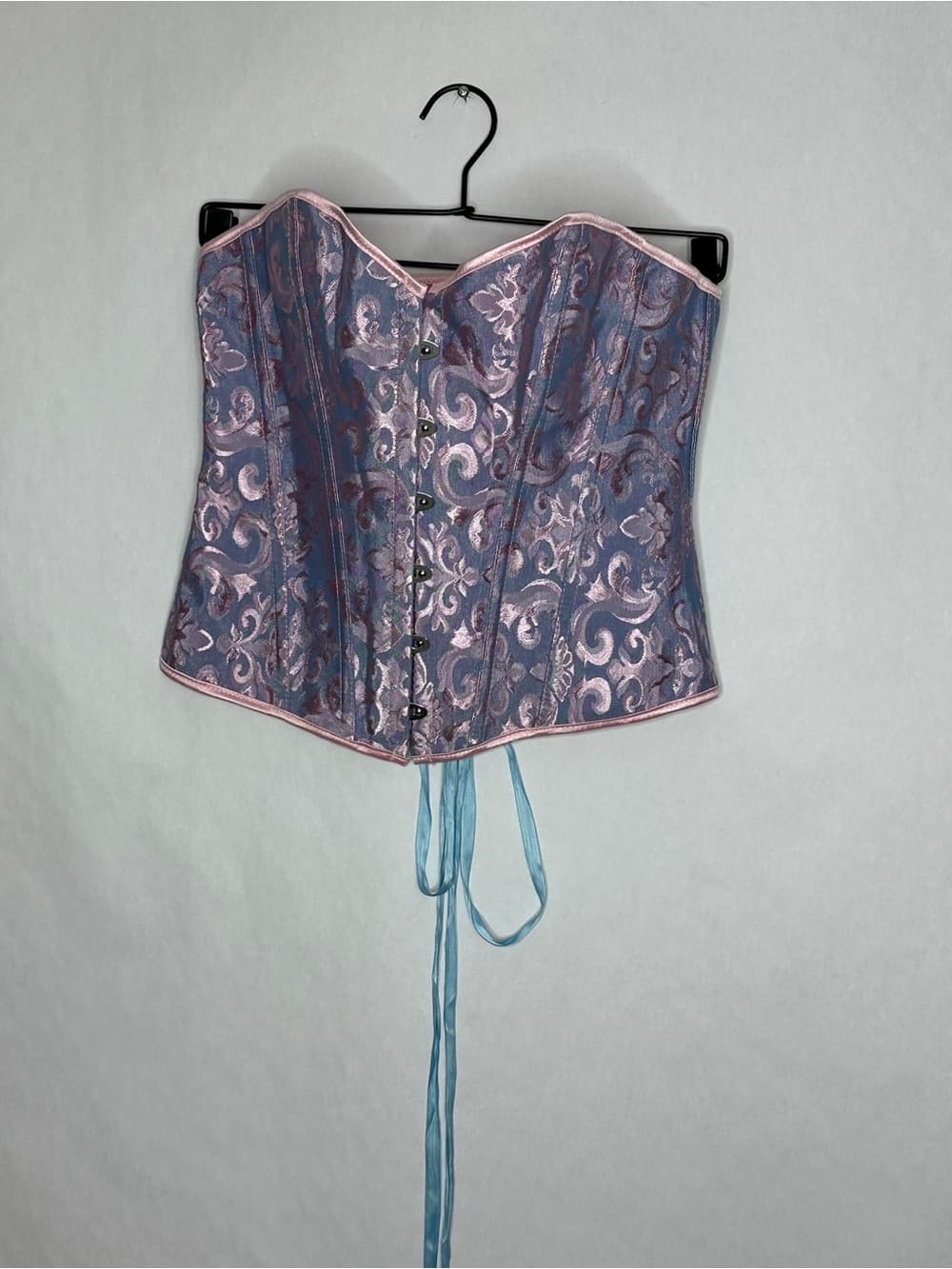 Vintage Coquette Purple Pink Blue Brocade Corset Lace Up Bustier Top Fairycore L - Thumbnail 4