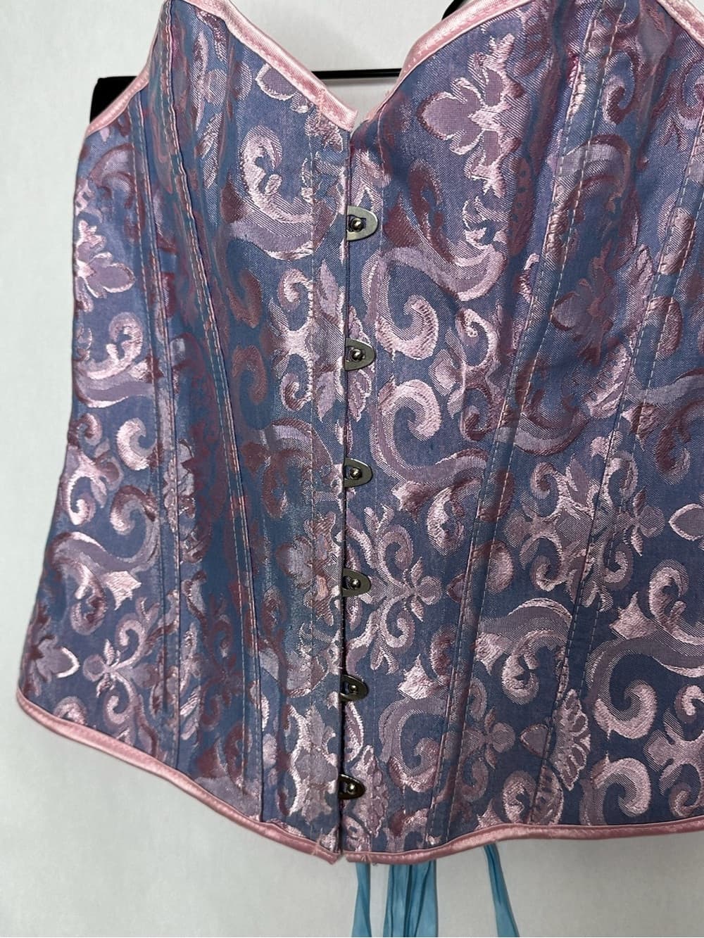 Vintage Coquette Purple Pink Blue Brocade Corset Lace Up Bustier Top Fairycore L - Thumbnail 6