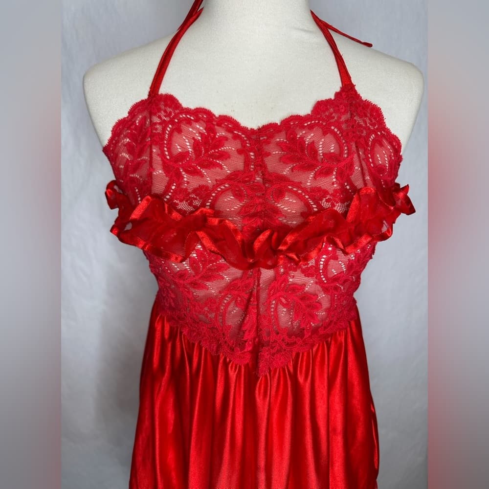 Vintage Red Lace & Satin Babydoll Slip Dress Lingerie | Vamp Glamour Valentines - Thumbnail 2