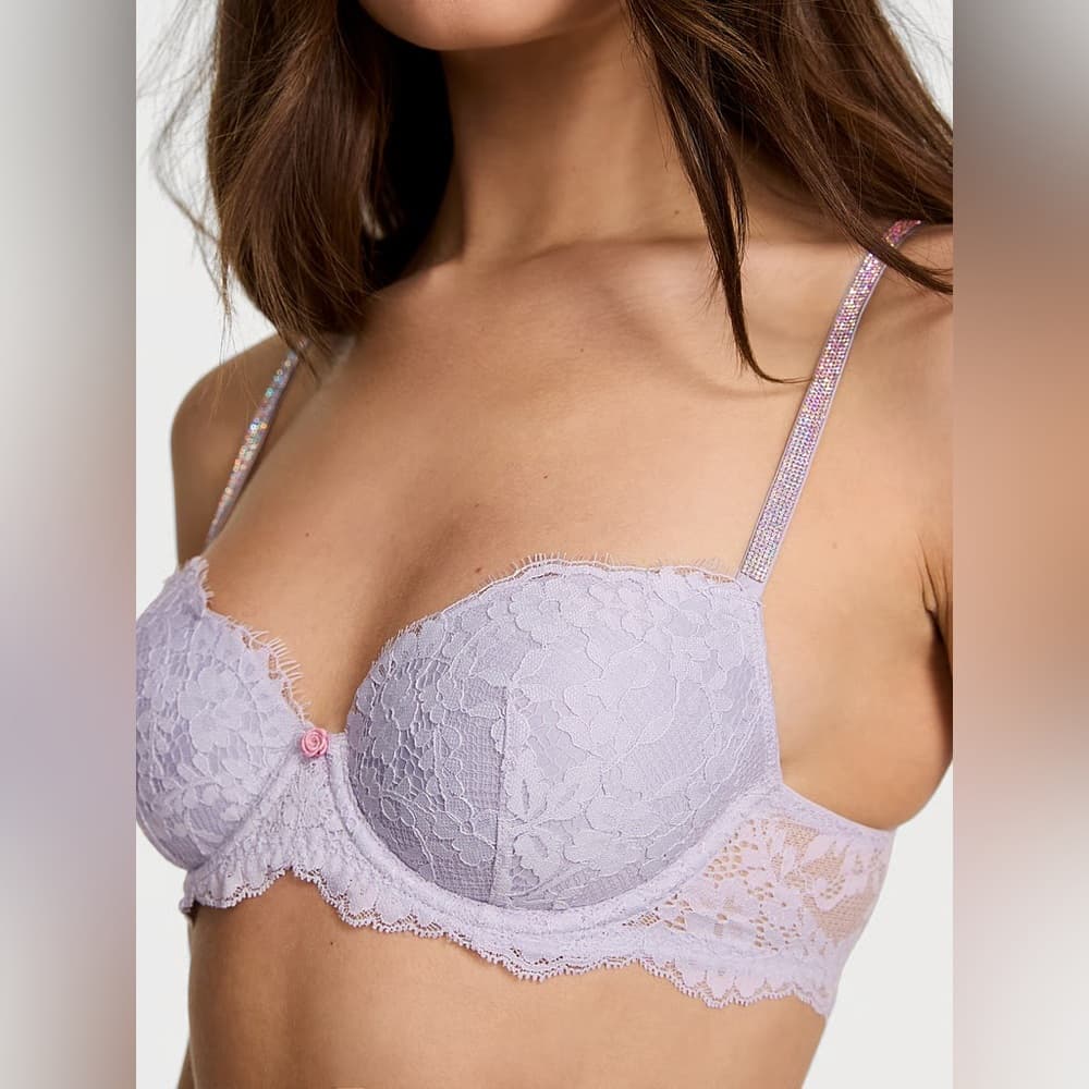 Victoria’s Secret Twinkle Lace Lightly Lined Demi Bra Rhinestone Strap Size 36DD - Thumbnail 14