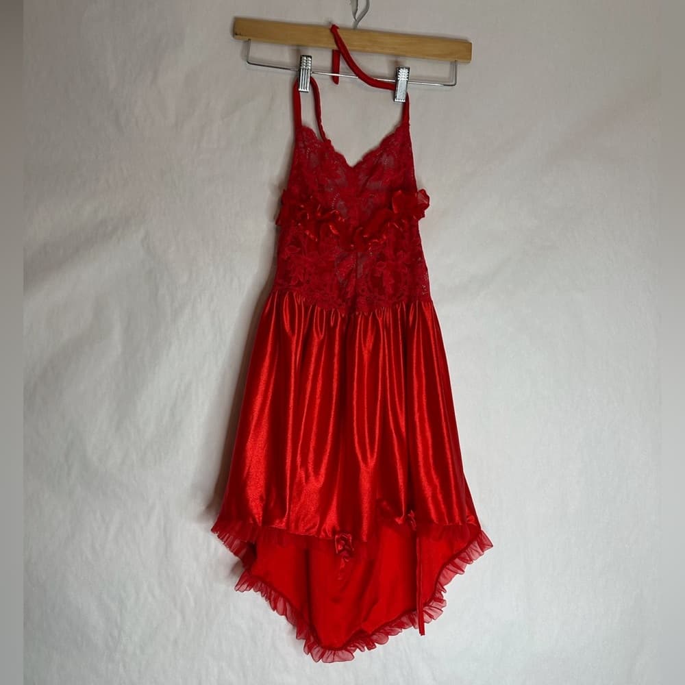 Vintage Red Lace & Satin Babydoll Slip Dress Lingerie | Vamp Glamour Valentines - Thumbnail 10