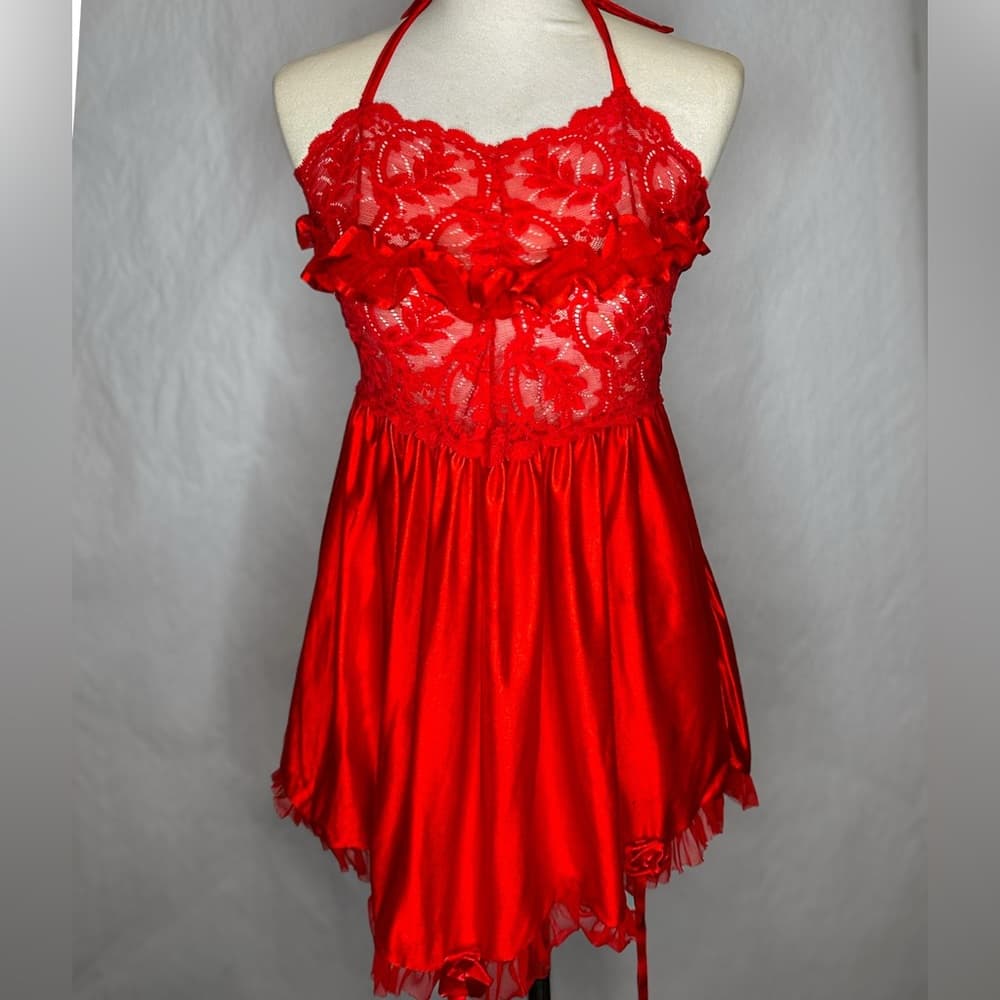 Vintage Red Lace & Satin Babydoll Slip Dress Lingerie | Vamp Glamour Valentines