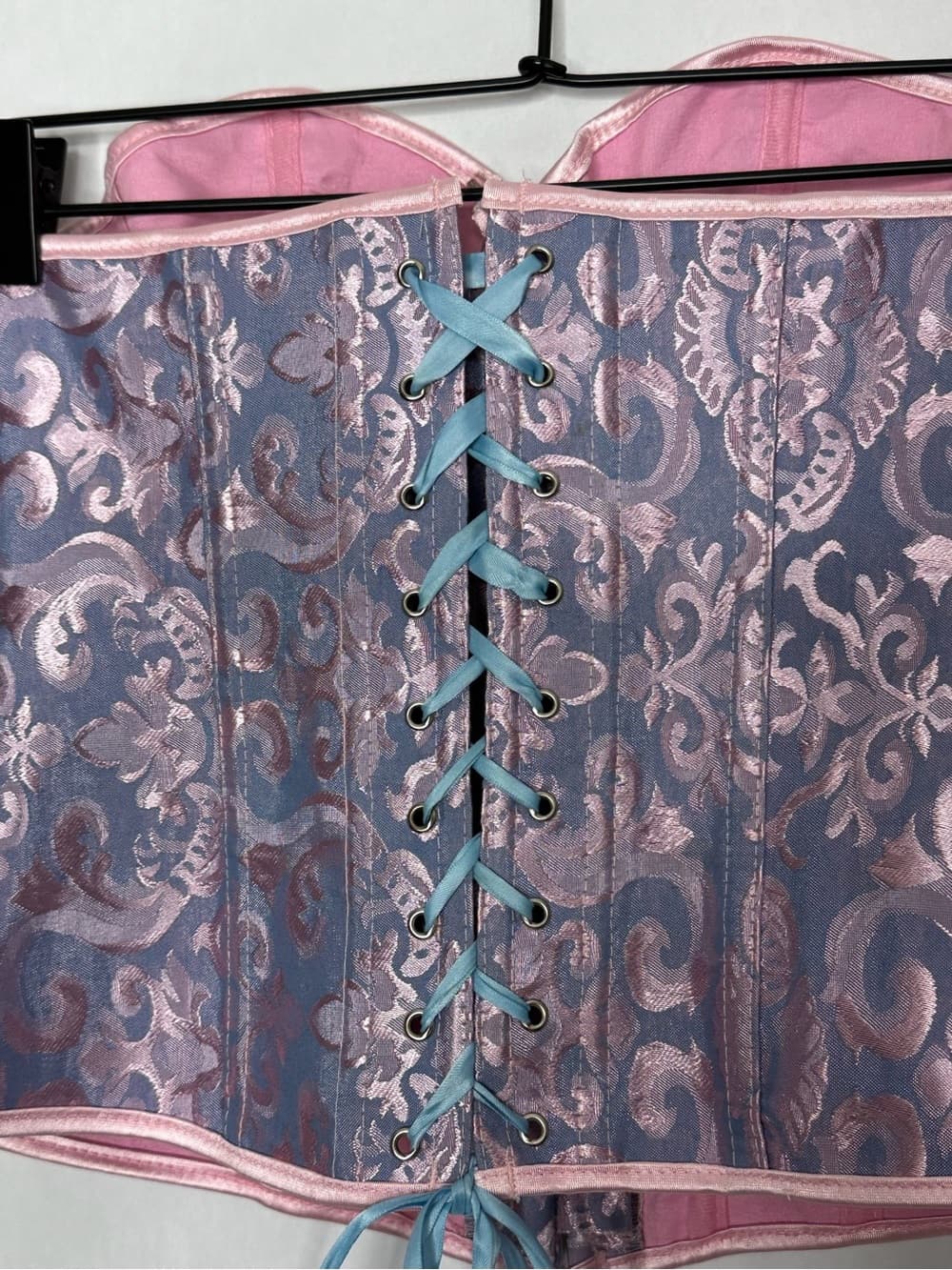 Vintage Coquette Purple Pink Blue Brocade Corset Lace Up Bustier Top Fairycore L - Thumbnail 3