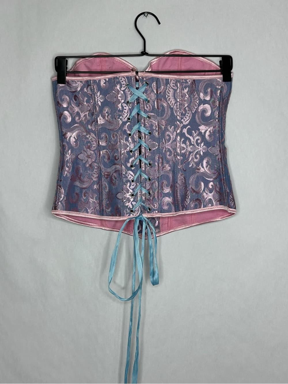 Vintage Coquette Purple Pink Blue Brocade Corset Lace Up Bustier Top Fairycore L - Thumbnail 2