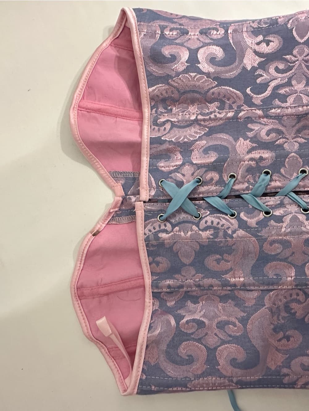 Vintage Coquette Purple Pink Blue Brocade Corset Lace Up Bustier Top Fairycore L - Thumbnail 7