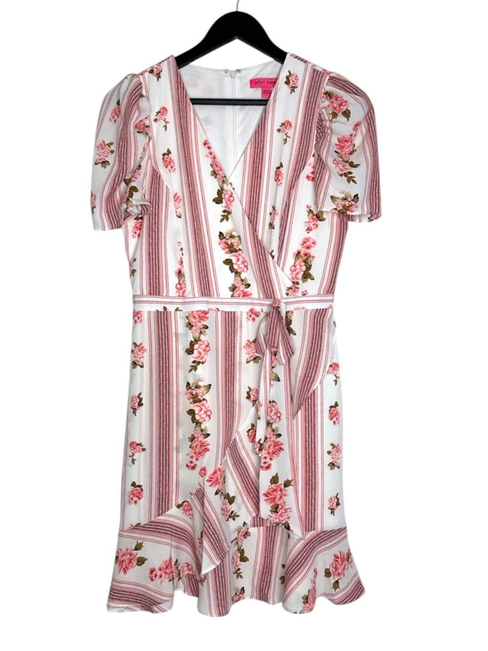 Betsey Johnson Floral Stripe Wrap Dress Pink Rose Cottagecore Size 4 Romantic - Thumbnail 10