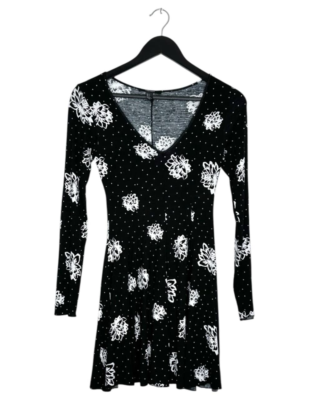Forever 21 Black Floral Polka Dot Skater Dress Long Sleeve V Neck Small Coquette - Thumbnail 7