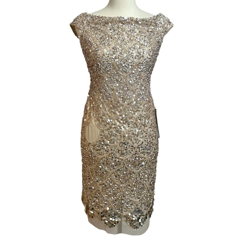 NEW Adrianna Papell Gold Sequin Cocktail Dress Art Deco Beaded Midi Size 0 - Thumbnail 9