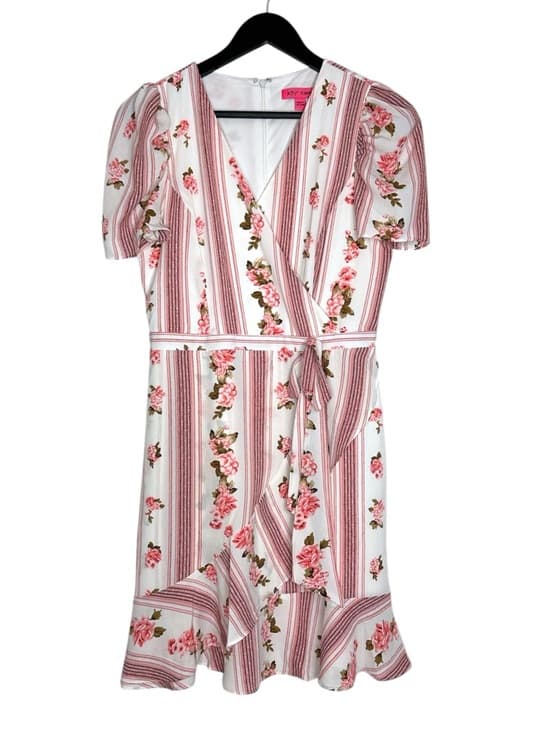 Betsey Johnson Floral Stripe Wrap Dress Pink Rose Cottagecore Size 4 Romantic - Thumbnail 11