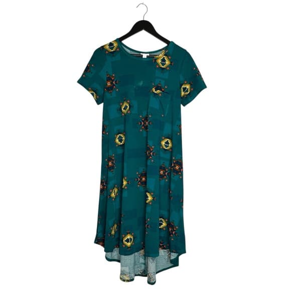 LuLaRoe Carly Teal Geometric Hi-Low Swing Dress Pocket Small SEE NOTES - Thumbnail 11