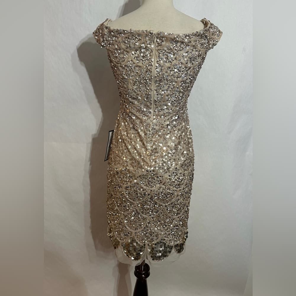 NEW Adrianna Papell Gold Sequin Cocktail Dress Art Deco Beaded Midi Size 0
