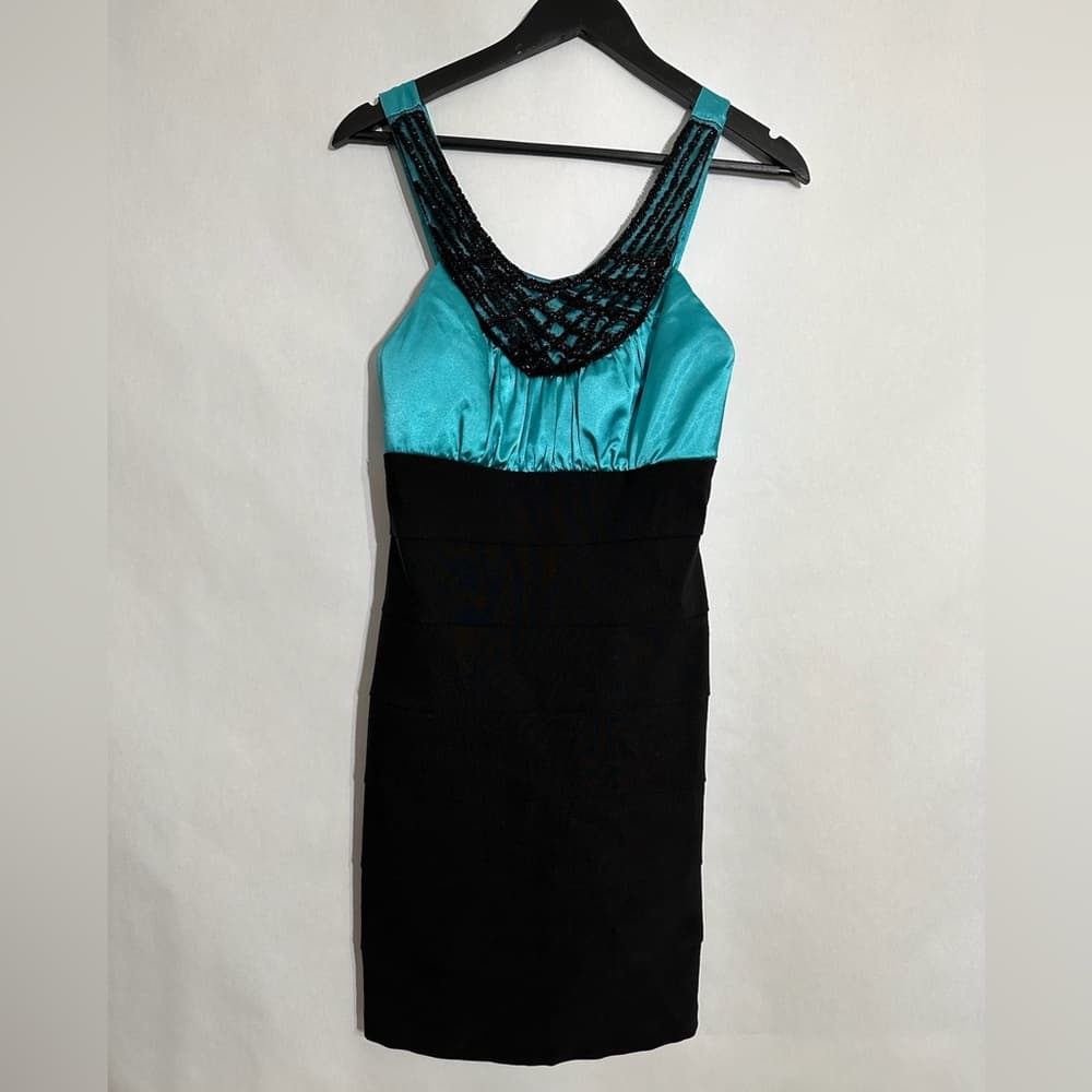 Trixxi Black & Teal Beaded Cocktail Party Halter Neck Dress Y2K Size 9 Juniors - Thumbnail 3