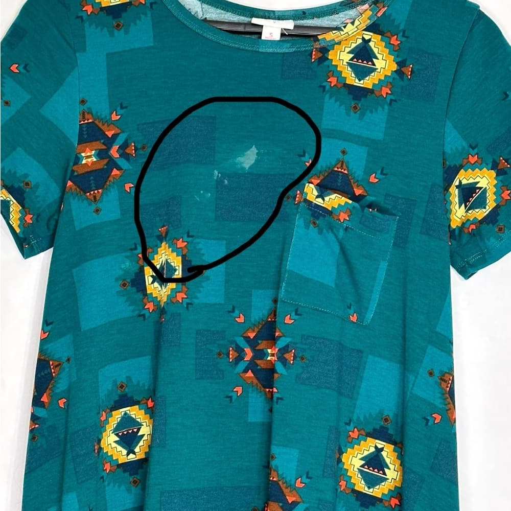 LuLaRoe Carly Teal Geometric Hi-Low Swing Dress Pocket Small SEE NOTES - Thumbnail 2