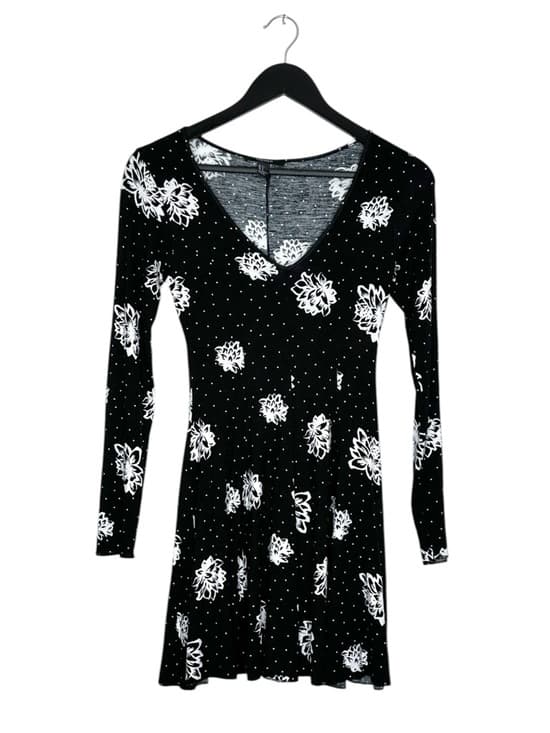 Forever 21 Black Floral Polka Dot Skater Dress Long Sleeve V Neck Small Coquette - Thumbnail 8
