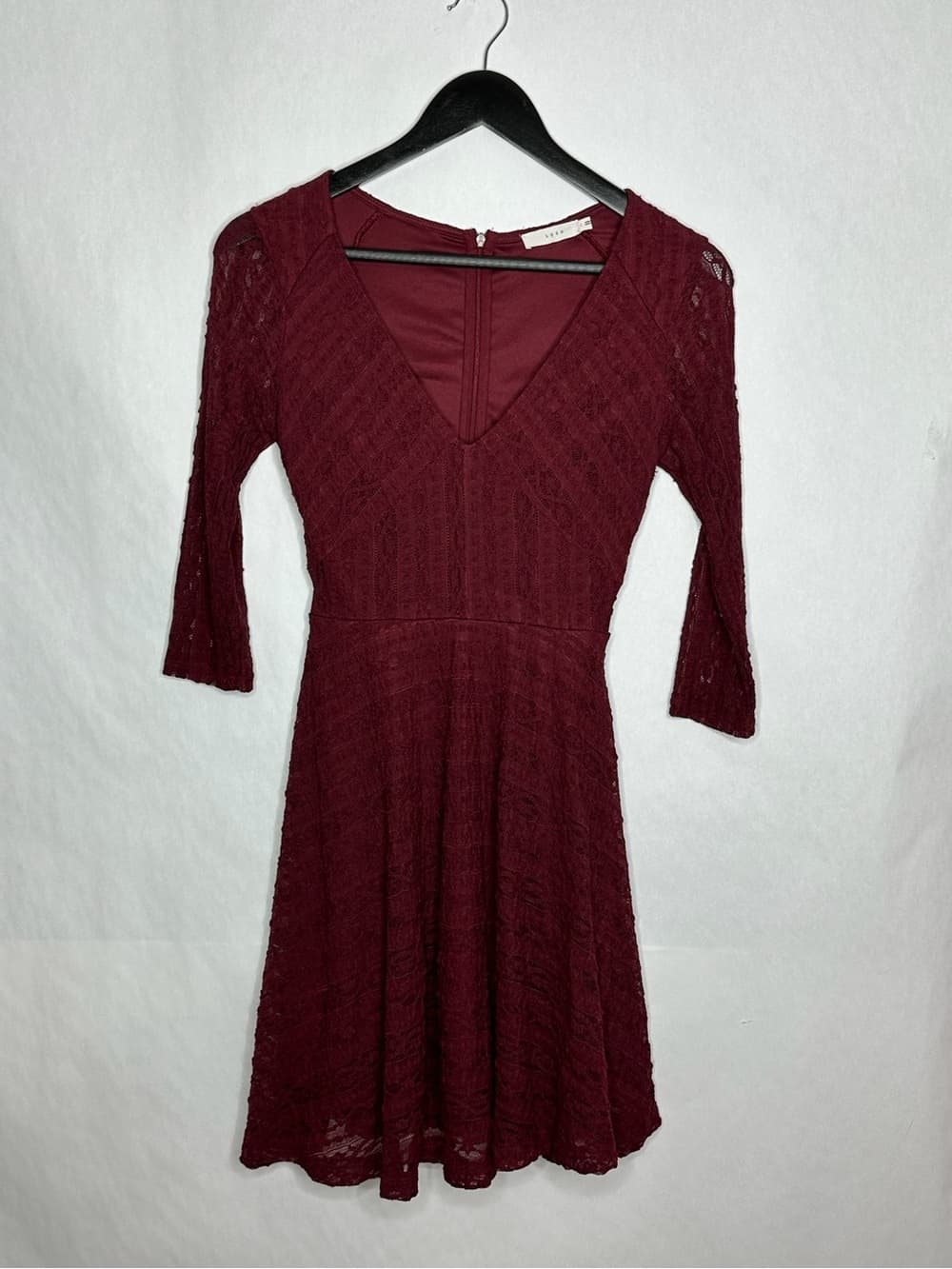 Lush Burgundy Lace Fit & Flare Dress V Neck Bell Sleeve Romantic Small Coquette - Thumbnail 5