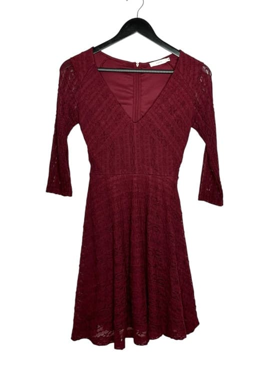 Lush Burgundy Lace Fit & Flare Dress V Neck Bell Sleeve Romantic Small Coquette - Thumbnail 9