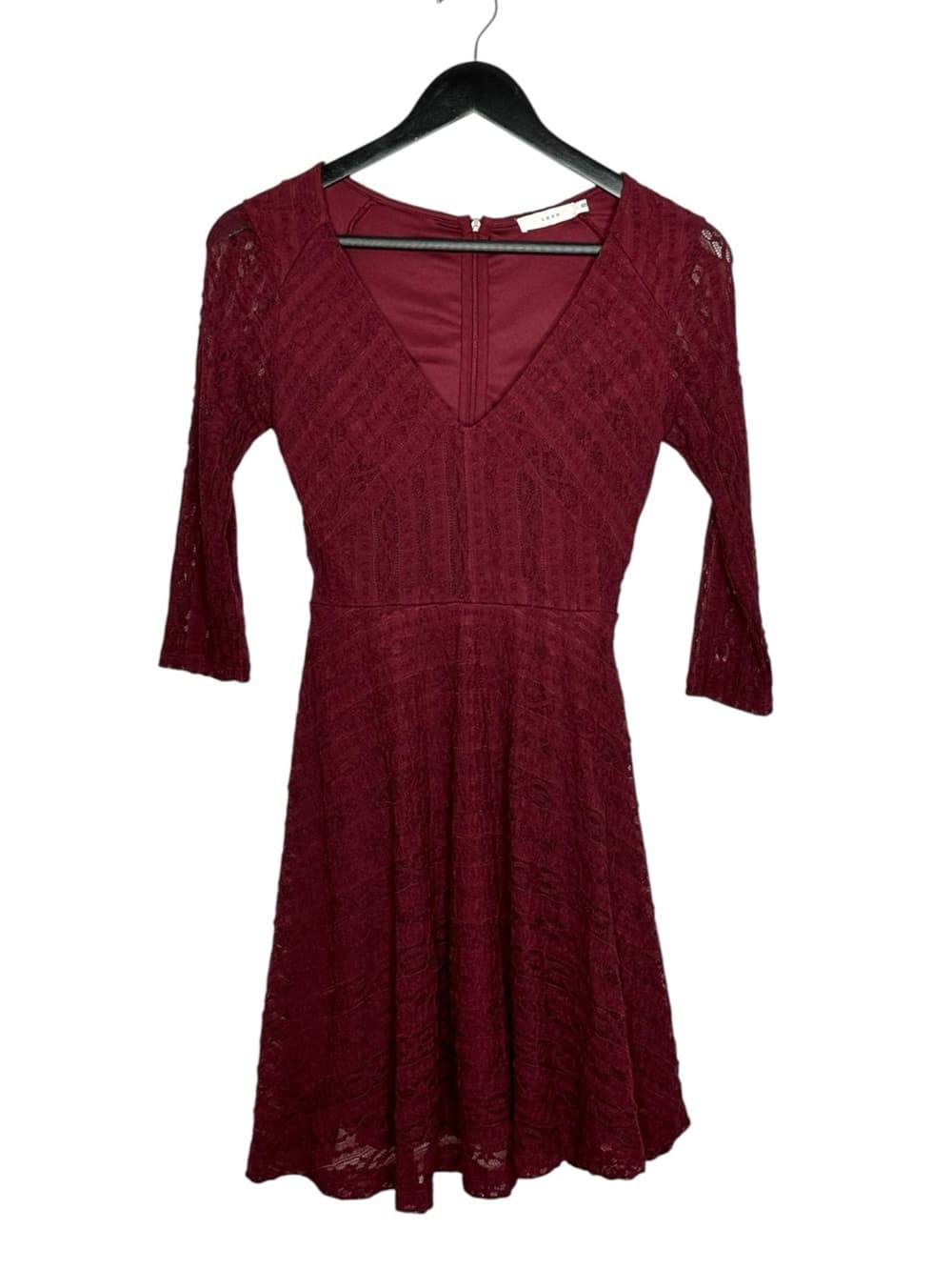 Lush Burgundy Lace Fit & Flare Dress V Neck Bell Sleeve Romantic Small Coquette - Thumbnail 8