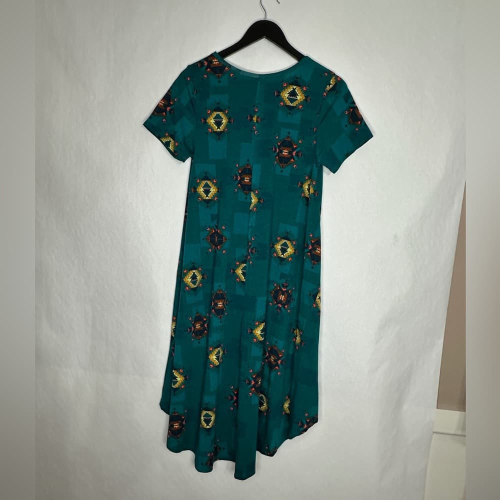 LuLaRoe Carly Teal Geometric Hi-Low Swing Dress Pocket Small SEE NOTES - Thumbnail 7