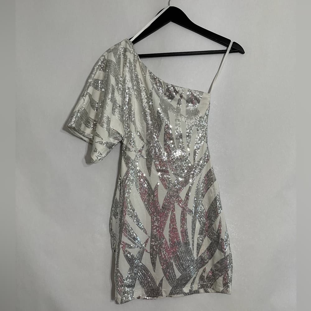 B. Darlin One Shoulder White Silver Sequin Mini Y2K Party Dress Size 1/2 Junior - Thumbnail 3