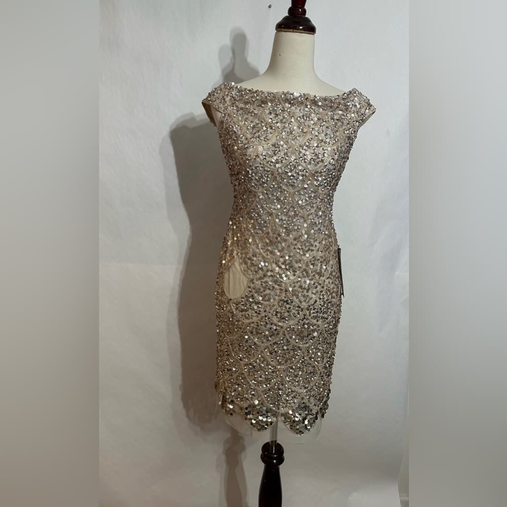 NEW Adrianna Papell Gold Sequin Cocktail Dress Art Deco Beaded Midi Size 0 - Thumbnail 2