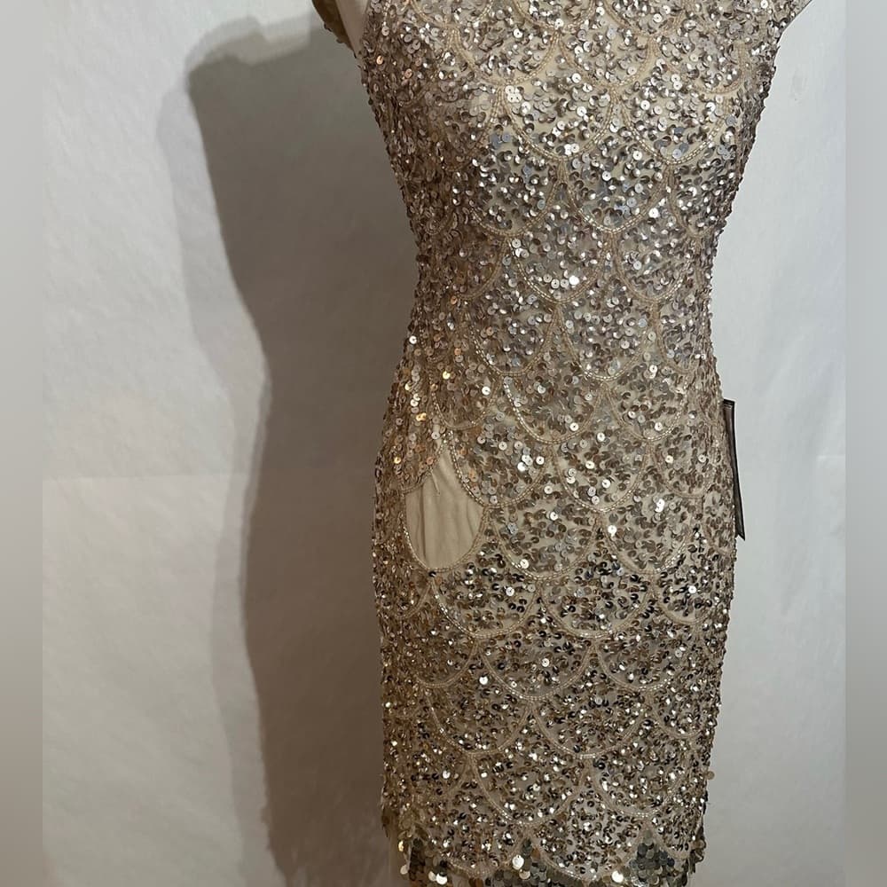 NEW Adrianna Papell Gold Sequin Cocktail Dress Art Deco Beaded Midi Size 0 - Thumbnail 8