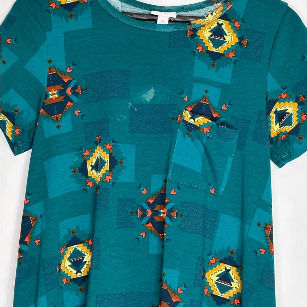 LuLaRoe Carly Teal Geometric Hi-Low Swing Dress Pocket Small SEE NOTES - Thumbnail 3